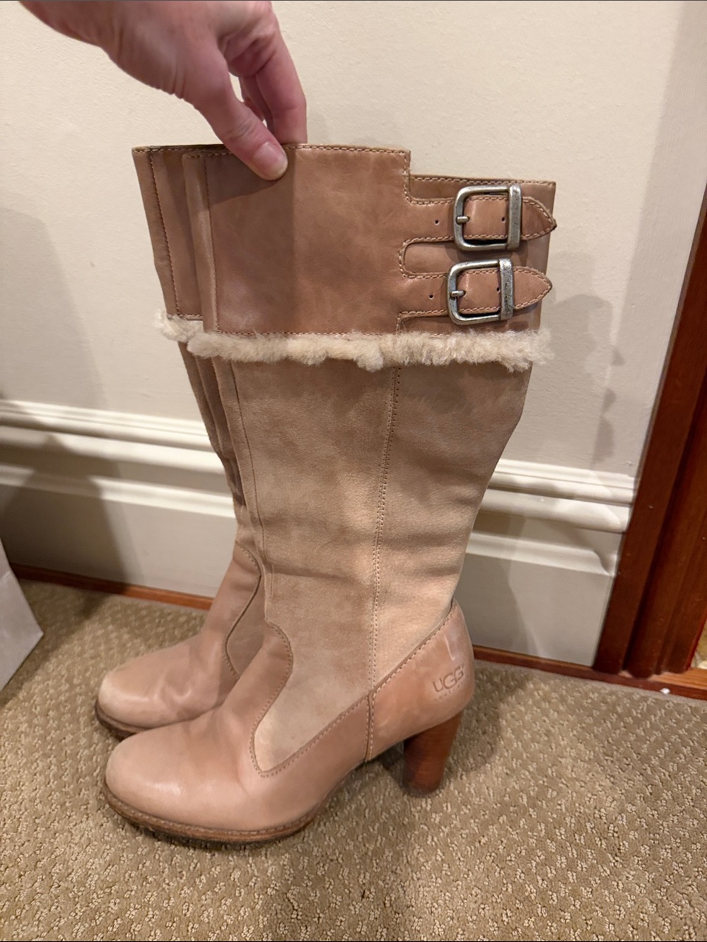 UGG Tan Suede & Leather Shearling Trim Heeled Mid-Calf Boots